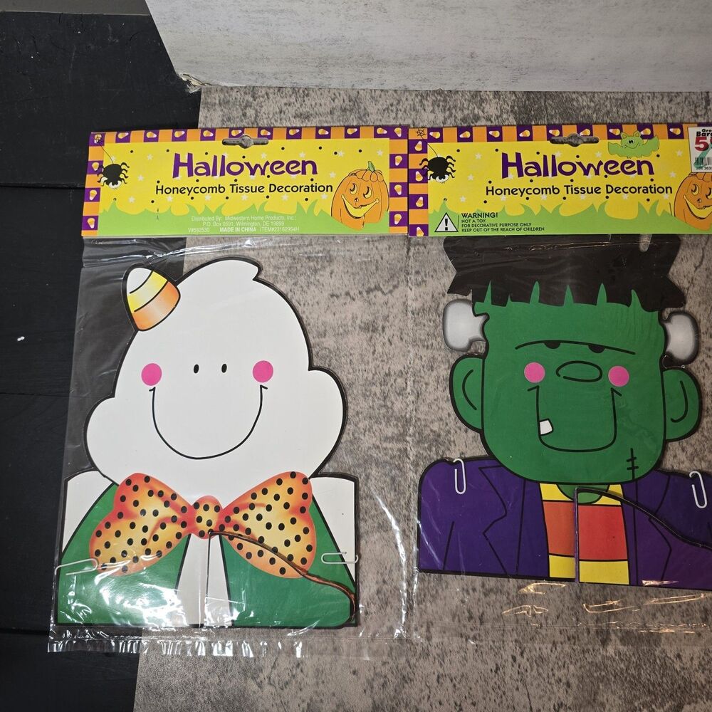 VTG Ghost & Frankenstein Honeycomb Halloween Decoration Tabletop Pumpkin New 90s